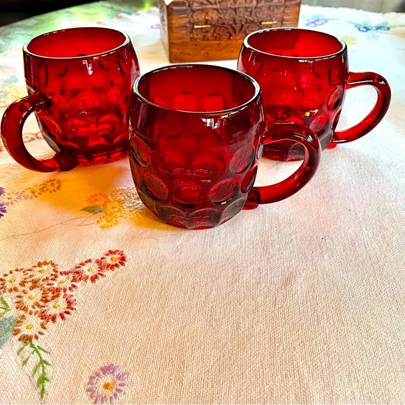 Vintage Ruby Red Mid-century Modern Glass Thumbprint Mugs. Set of 3. 8oz. - Picture 1 of 16